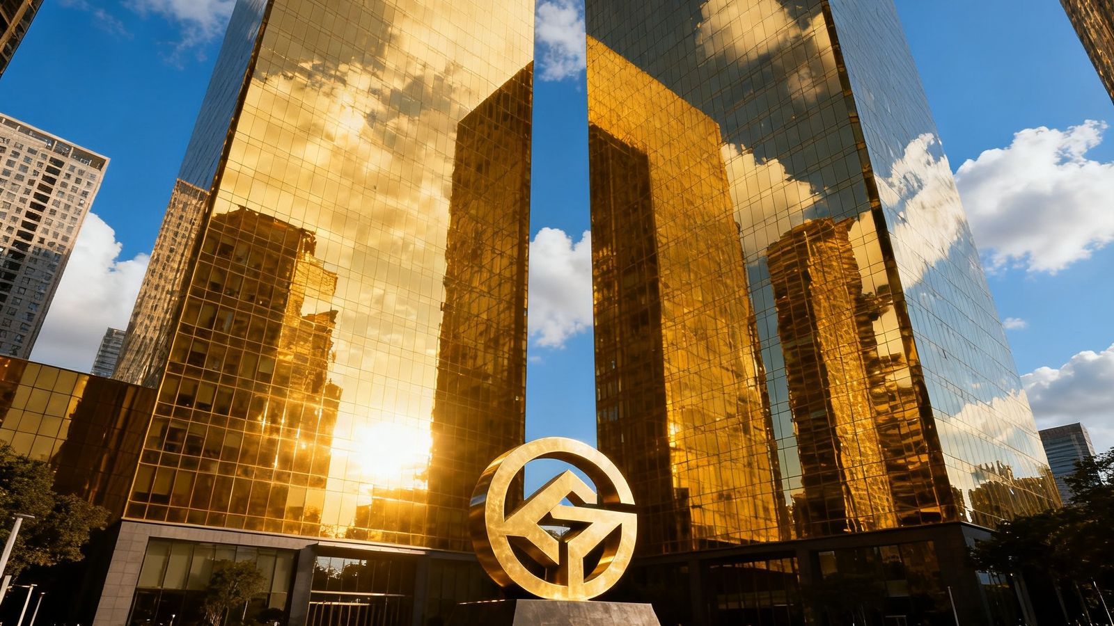 PA集团中国上海陆家嘴总部大楼外观，现代化玻璃幕墙高层建筑在金色阳光下熠熠生辉，楼体倒映蓝天白云，前方广场矗立集团标志雕塑